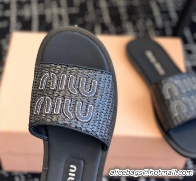 Best Grade Miu Miu Raffia-effect woven fabric slides sandals Black 032706