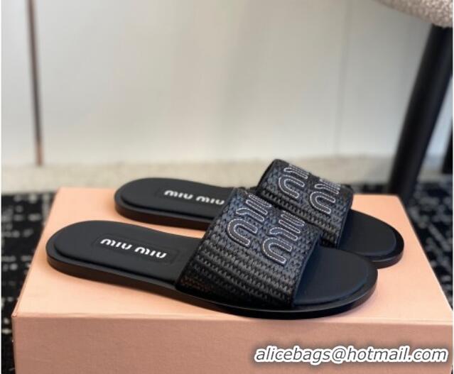 Best Grade Miu Miu Raffia-effect woven fabric slides sandals Black 032706