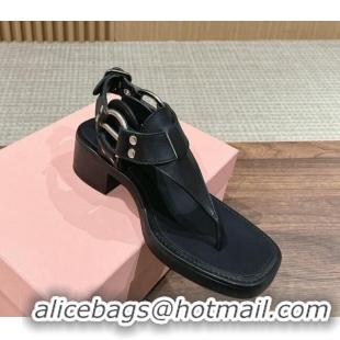 ​Top Design Miu Miu Leather Heel Thong Sandals with Buckle Black 327068