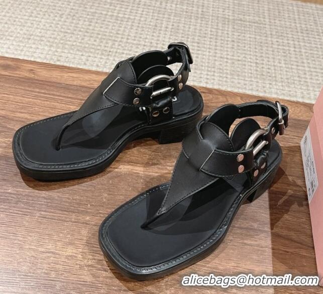 ​Top Design Miu Miu Leather Heel Thong Sandals with Buckle Black 327068