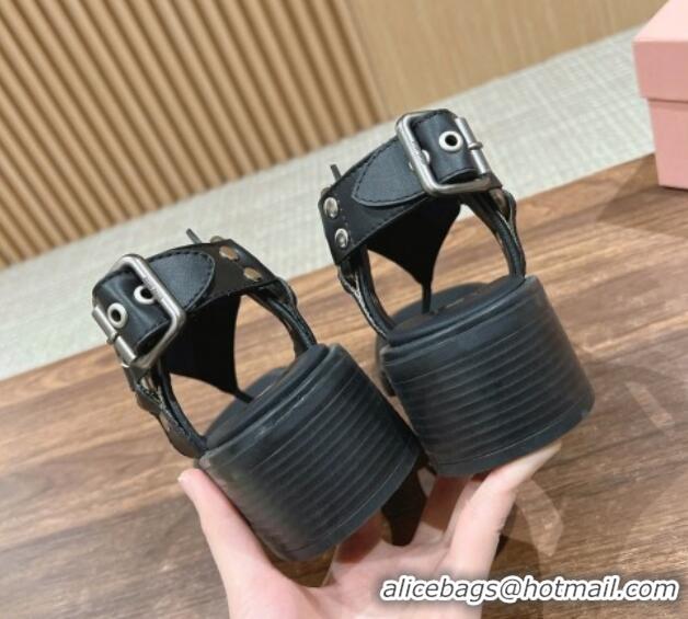 ​Top Design Miu Miu Leather Heel Thong Sandals with Buckle Black 327068