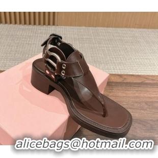 Good Looking Miu Miu Leather Heel Thong Sandals with Buckle Brown 327070