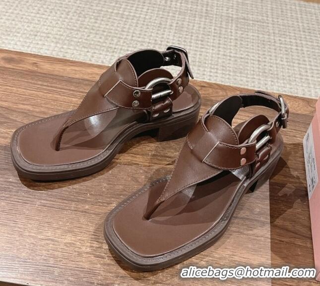 Good Looking Miu Miu Leather Heel Thong Sandals with Buckle Brown 327070