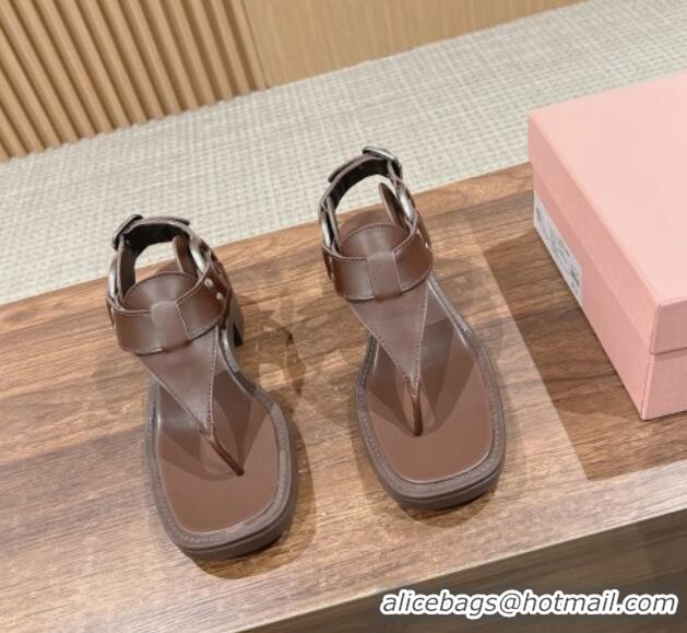 Good Looking Miu Miu Leather Heel Thong Sandals with Buckle Brown 327070