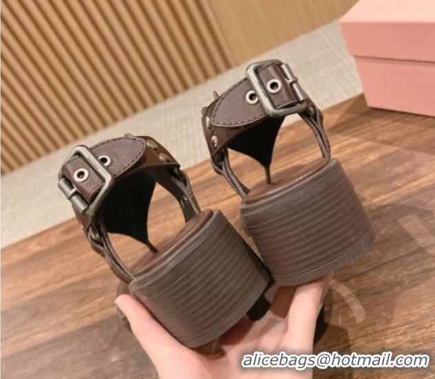 Good Looking Miu Miu Leather Heel Thong Sandals with Buckle Brown 327070