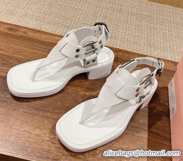 Good Product Miu Miu Leather Heel Thong Sandals with Buckle White 327069