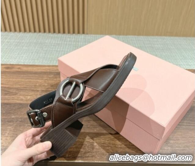 Perfect Miu Miu Leather Heel Sandals with Buckle Brown 327071