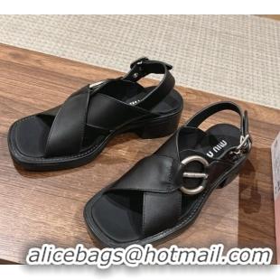 Durable Miu Miu Leather Heel Sandals with Buckle Black 327073