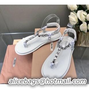 Classic Hot Miu Miu Nappa Leather Thong Flat Sandals with Crystals Strap White/Clear 327074