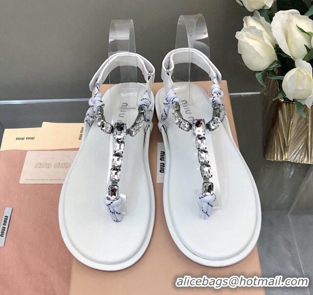 Classic Hot Miu Miu Nappa Leather Thong Flat Sandals with Crystals Strap White/Clear 327074