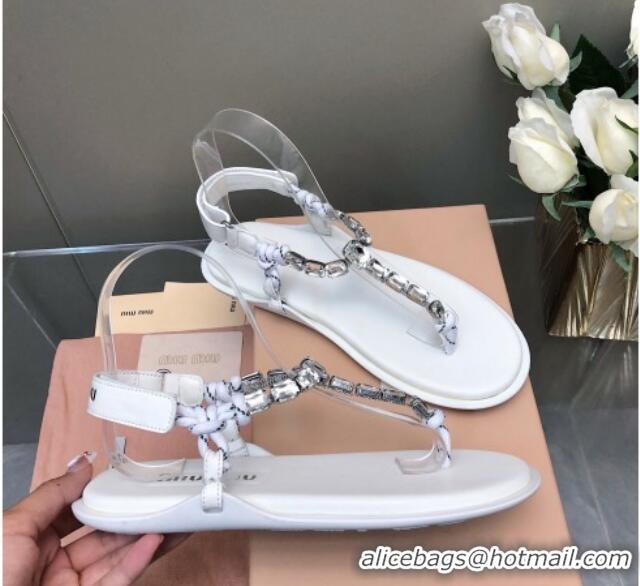 Classic Hot Miu Miu Nappa Leather Thong Flat Sandals with Crystals Strap White/Clear 327074