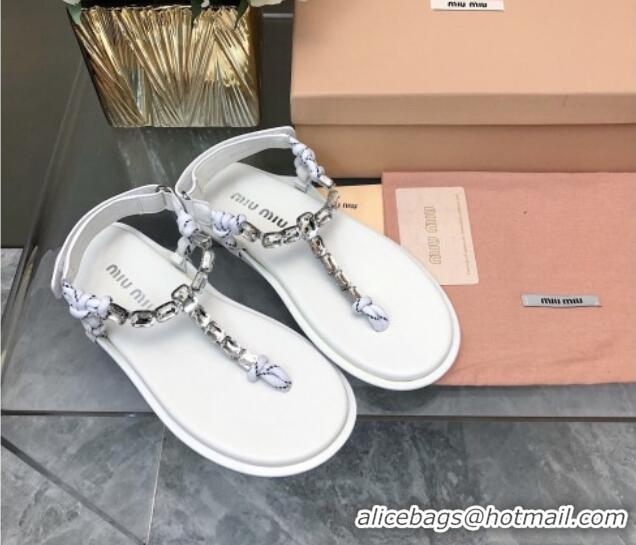 Classic Hot Miu Miu Nappa Leather Thong Flat Sandals with Crystals Strap White/Clear 327074