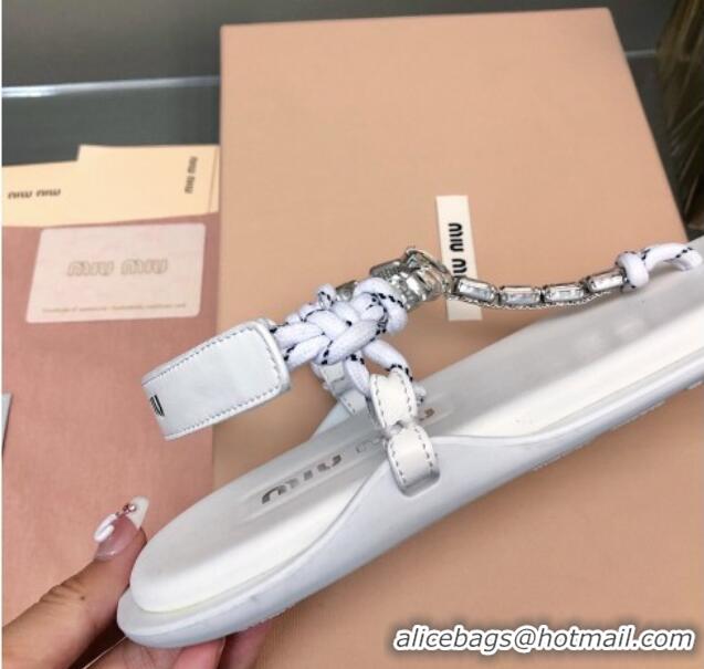 Classic Hot Miu Miu Nappa Leather Thong Flat Sandals with Crystals Strap White/Clear 327074