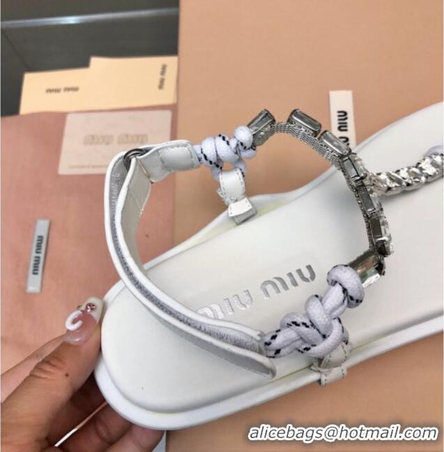 Classic Hot Miu Miu Nappa Leather Thong Flat Sandals with Crystals Strap White/Clear 327074