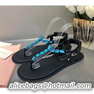 Good Quality Miu Miu Nappa Leather Thong Flat Sandals with Crystals Strap Black/Blue 327075