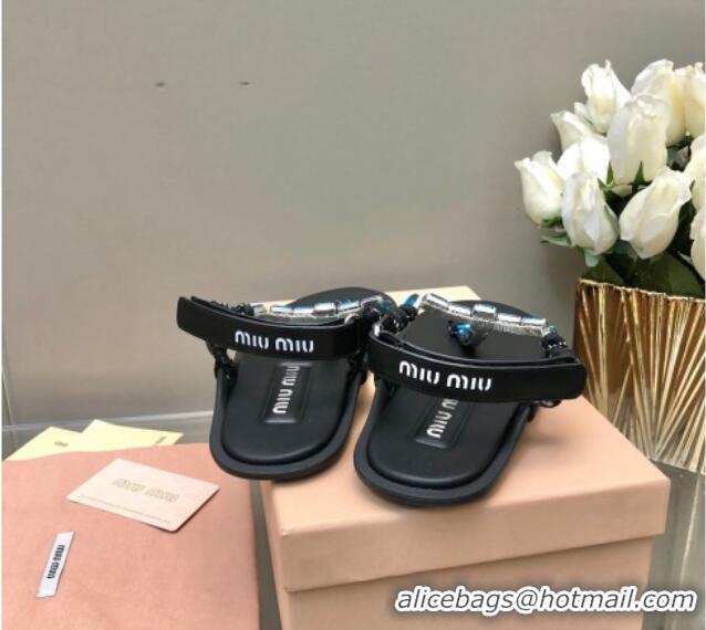 Good Quality Miu Miu Nappa Leather Thong Flat Sandals with Crystals Strap Black/Blue 327075