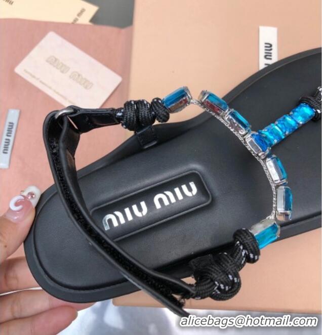 Good Quality Miu Miu Nappa Leather Thong Flat Sandals with Crystals Strap Black/Blue 327075