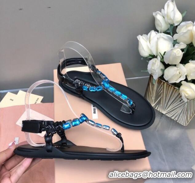 Good Quality Miu Miu Nappa Leather Thong Flat Sandals with Crystals Strap Black/Blue 327075