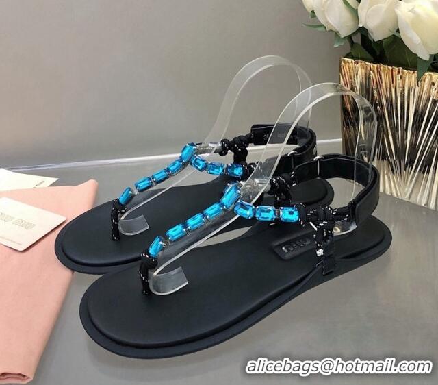 Good Quality Miu Miu Nappa Leather Thong Flat Sandals with Crystals Strap Black/Blue 327075