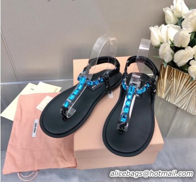 Good Quality Miu Miu Nappa Leather Thong Flat Sandals with Crystals Strap Black/Blue 327075