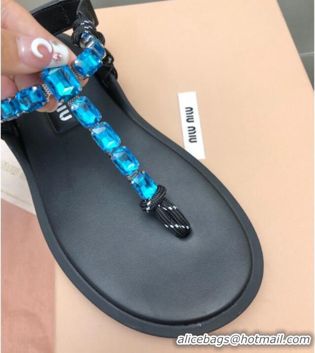 Good Quality Miu Miu Nappa Leather Thong Flat Sandals with Crystals Strap Black/Blue 327075