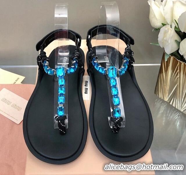 Good Quality Miu Miu Nappa Leather Thong Flat Sandals with Crystals Strap Black/Blue 327075