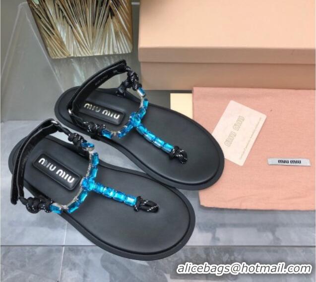 Good Quality Miu Miu Nappa Leather Thong Flat Sandals with Crystals Strap Black/Blue 327075