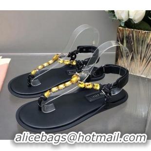 Pretty Style Miu Miu Nappa Leather Thong Flat Sandals with Crystals Strap Black/Yellow 327076