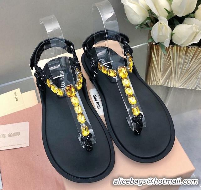 Pretty Style Miu Miu Nappa Leather Thong Flat Sandals with Crystals Strap Black/Yellow 327076