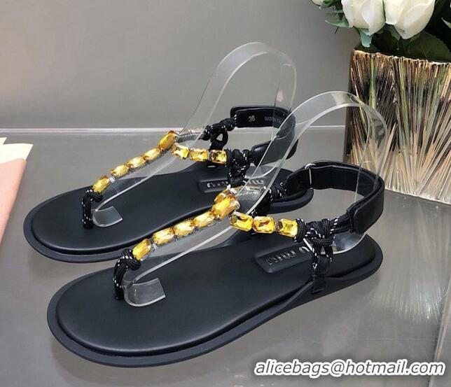 Pretty Style Miu Miu Nappa Leather Thong Flat Sandals with Crystals Strap Black/Yellow 327076