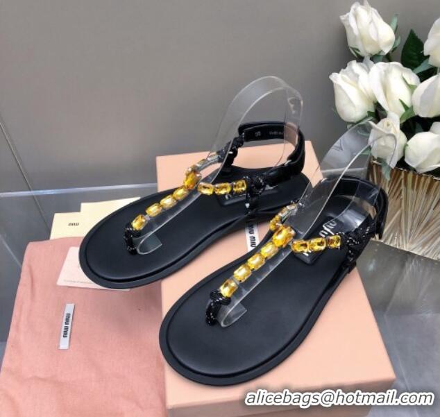 Pretty Style Miu Miu Nappa Leather Thong Flat Sandals with Crystals Strap Black/Yellow 327076