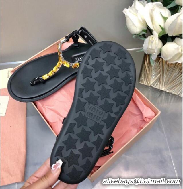 Pretty Style Miu Miu Nappa Leather Thong Flat Sandals with Crystals Strap Black/Yellow 327076