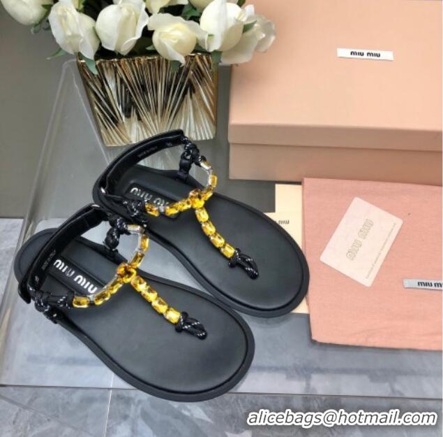 Pretty Style Miu Miu Nappa Leather Thong Flat Sandals with Crystals Strap Black/Yellow 327076