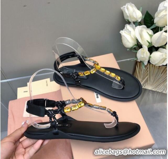 Pretty Style Miu Miu Nappa Leather Thong Flat Sandals with Crystals Strap Black/Yellow 327076