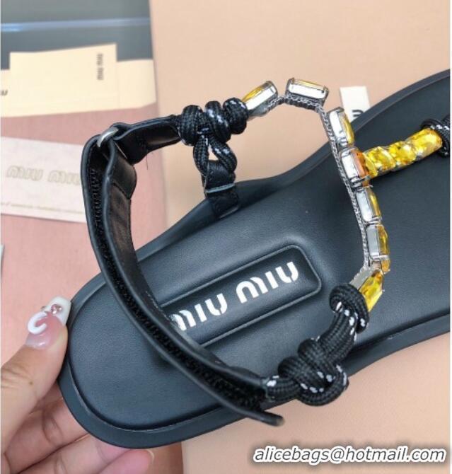 Pretty Style Miu Miu Nappa Leather Thong Flat Sandals with Crystals Strap Black/Yellow 327076