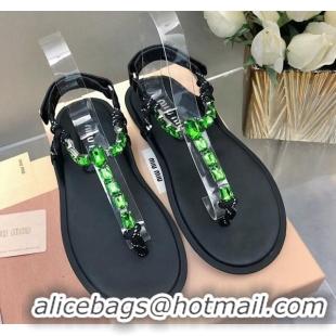 Top Grade Miu Miu Nappa Leather Thong Flat Sandals with Crystals Strap Black/Green 327077