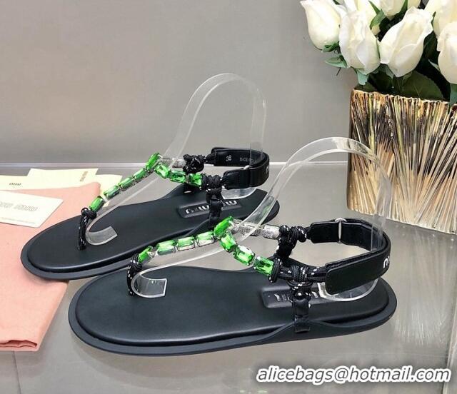 Top Grade Miu Miu Nappa Leather Thong Flat Sandals with Crystals Strap Black/Green 327077