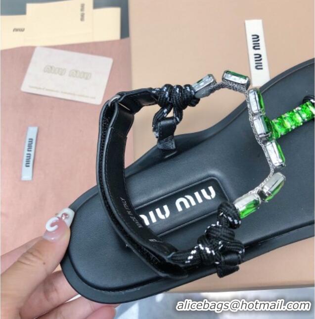 Top Grade Miu Miu Nappa Leather Thong Flat Sandals with Crystals Strap Black/Green 327077