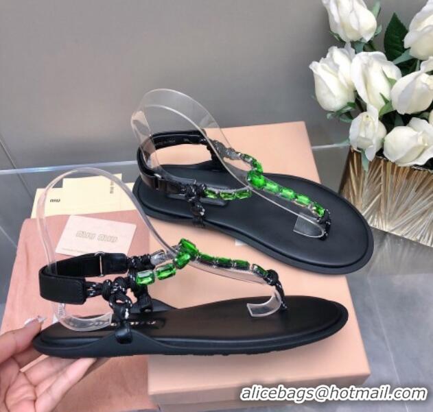 Top Grade Miu Miu Nappa Leather Thong Flat Sandals with Crystals Strap Black/Green 327077