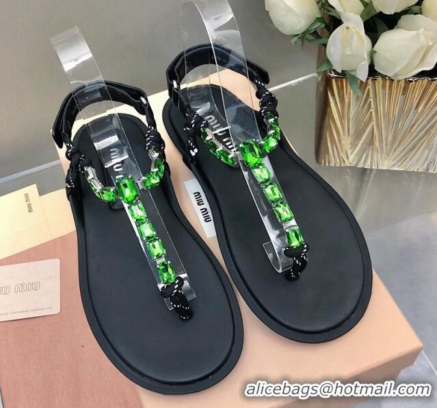 Top Grade Miu Miu Nappa Leather Thong Flat Sandals with Crystals Strap Black/Green 327077