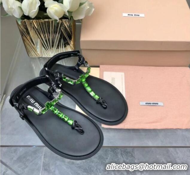 Top Grade Miu Miu Nappa Leather Thong Flat Sandals with Crystals Strap Black/Green 327077