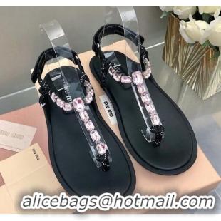 Good Product Miu Miu Nappa Leather Thong Flat Sandals with Crystals Strap Black/Pink 327078