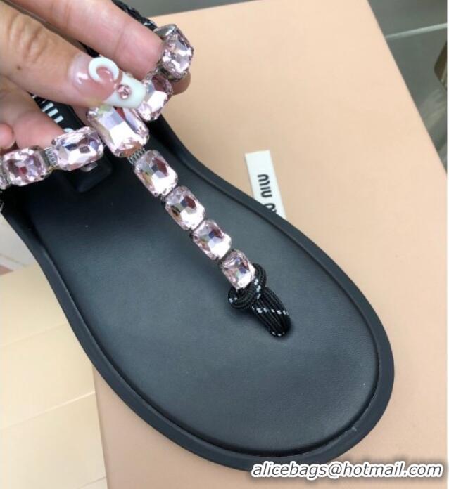 Good Product Miu Miu Nappa Leather Thong Flat Sandals with Crystals Strap Black/Pink 327078