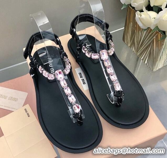 Good Product Miu Miu Nappa Leather Thong Flat Sandals with Crystals Strap Black/Pink 327078