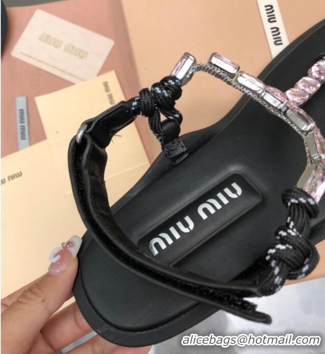 Good Product Miu Miu Nappa Leather Thong Flat Sandals with Crystals Strap Black/Pink 327078