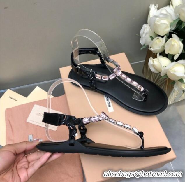 Good Product Miu Miu Nappa Leather Thong Flat Sandals with Crystals Strap Black/Pink 327078