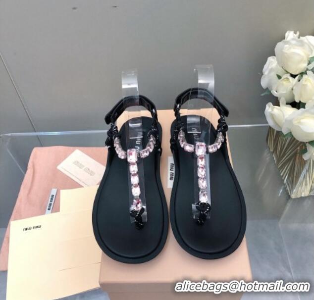 Good Product Miu Miu Nappa Leather Thong Flat Sandals with Crystals Strap Black/Pink 327078