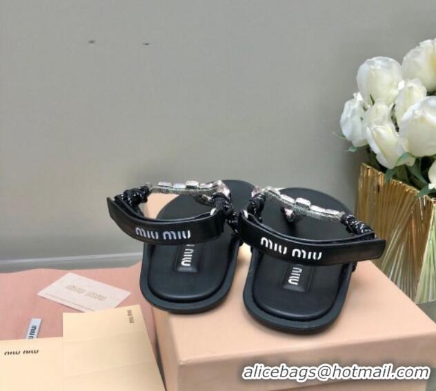 Good Product Miu Miu Nappa Leather Thong Flat Sandals with Crystals Strap Black/Pink 327078