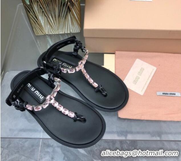 Good Product Miu Miu Nappa Leather Thong Flat Sandals with Crystals Strap Black/Pink 327078