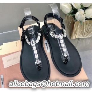 Purchase Miu Miu Nappa Leather Thong Flat Sandals with Crystals Strap Black/Clear 327079